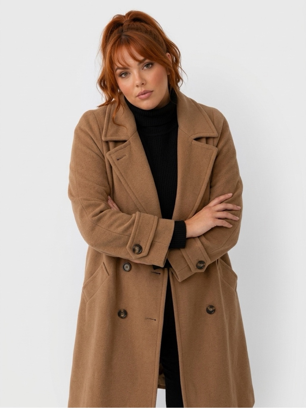 Women's Double-Breasted Tan Pea Coat 85% Wool et 15% cachemire - Picture 4 of 10
